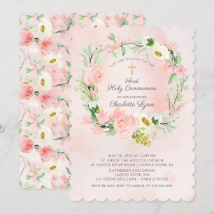 Invitation Première communion florale rose chic et élégant