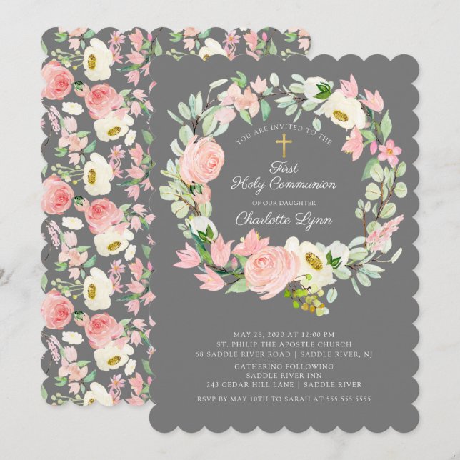 Invitation Première communion florale rose chic et élégant (Devant / Derrière)