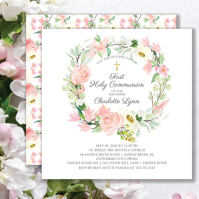Invitation Première communion florale rose chic et élégant (Créateur téléchargé)