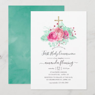 Invitation Première communion florale rose et menthe
