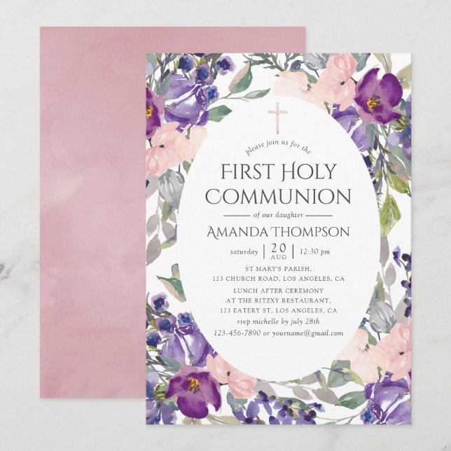Invitation Première communion florale rose et prune (Devant / Derrière)