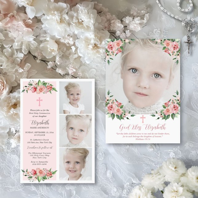 Invitation Première communion florale rose multiphoto pour fi (First Holy Communion invitation for little girls with photo collage and keepsake backer)