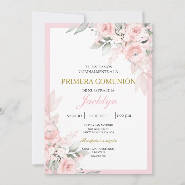 Invitation Première communion florale rose pâle (Devant)