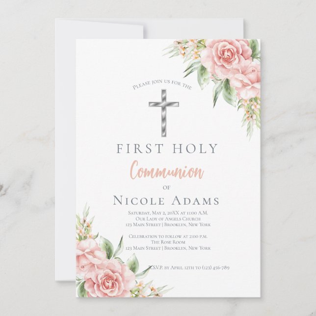 Invitation Première communion florale rose pâle élégante (Devant)