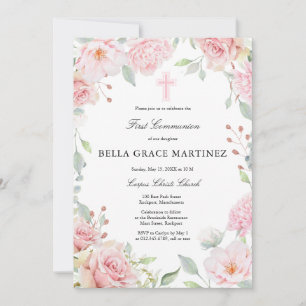 Invitation Première communion florale rose pâle rose