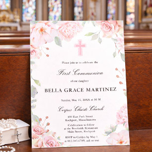 Invitation Première communion florale rose pâle rose
