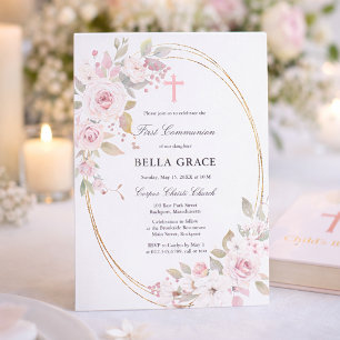 Invitation Première communion florale rose rose rustique