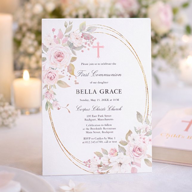 Invitation Première communion florale rose rose rustique (Créateur téléchargé)