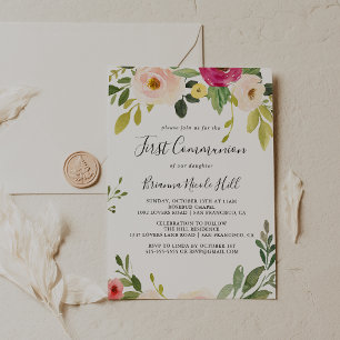 Invitation Première communion florale rose vert