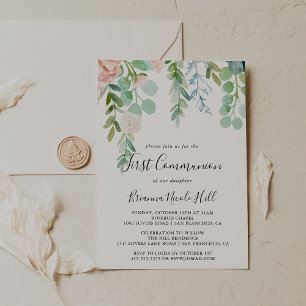 Invitation Première communion florale tropicale colorée