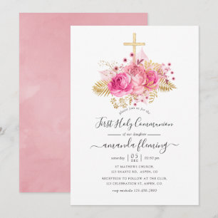 Invitation Première communion florale tropicale rose et or