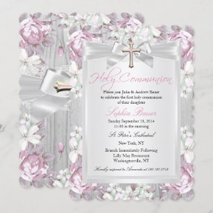 Invitation Première communion florale vintage rustique rose