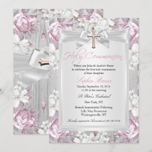 Invitation Première communion florale vintage rustique rose