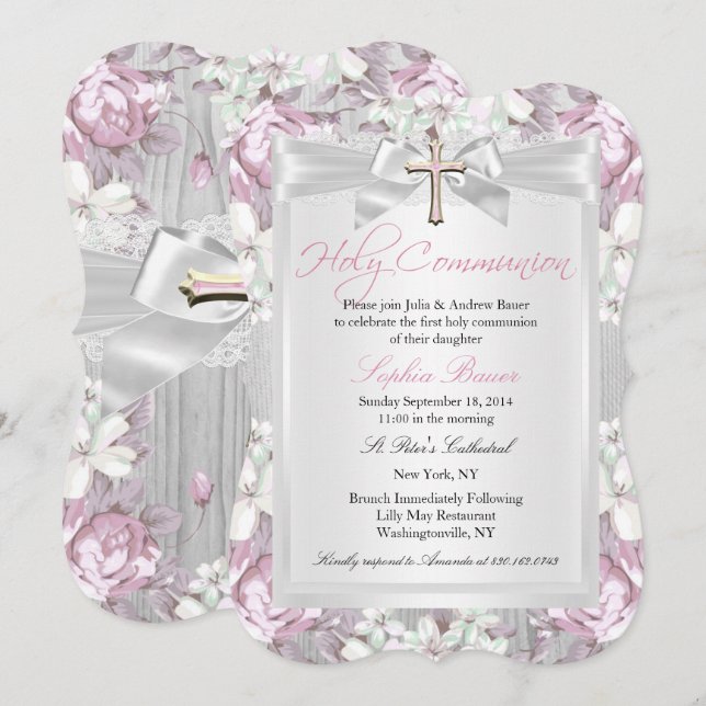 Invitation Première communion florale vintage rustique rose (Devant / Derrière)