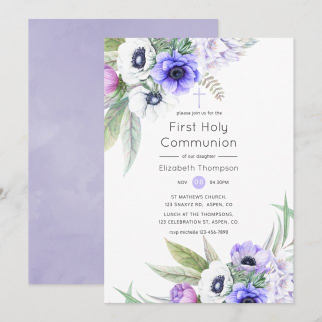 Invitation Première communion florale violet pastel et prune (Devant / Derrière)