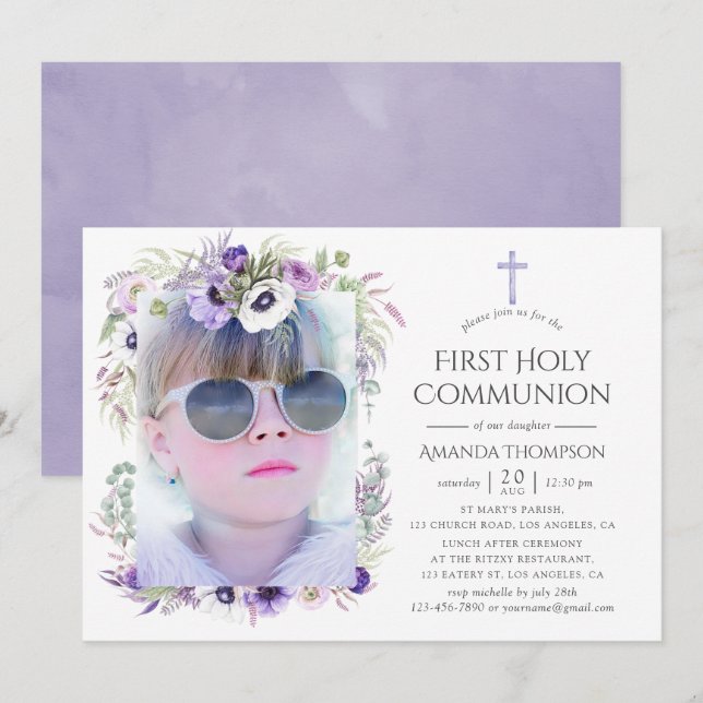 Invitation Première communion florale violet poussiéreux (Devant / Derrière)