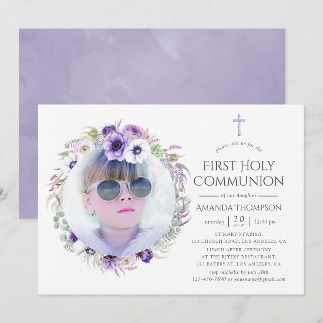 Invitation Première communion florale violet poussiéreux (Devant / Derrière)