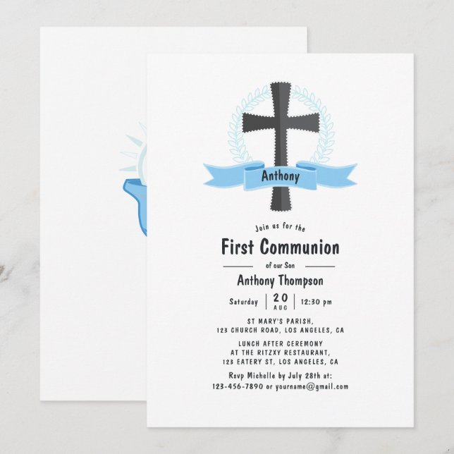 Invitation Première communion garçon (Devant / Derrière)