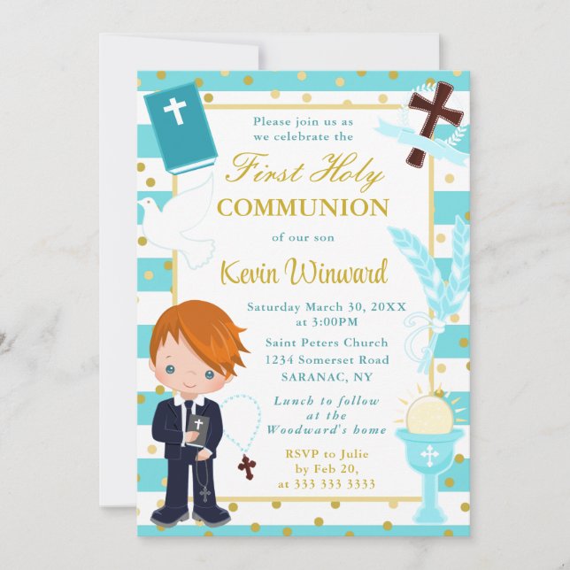 Invitation Première communion garçon aux cheveux roux rayures (Devant)