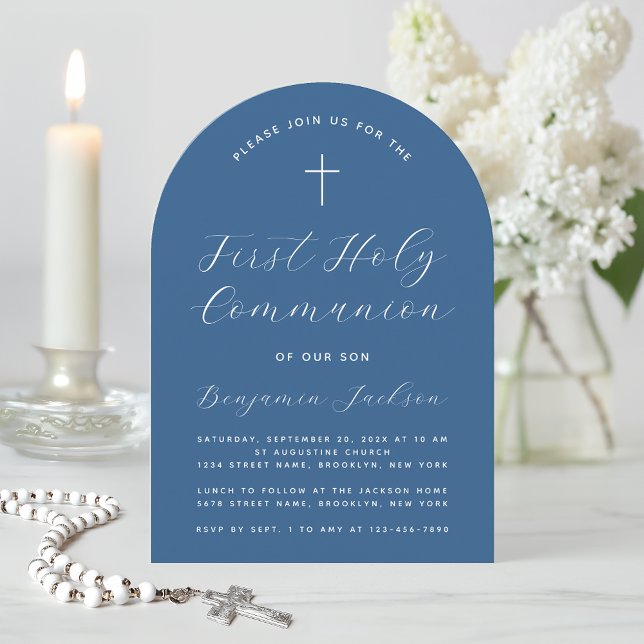 Invitation Première communion garçon bleu classique arche cro (Créateur téléchargé)