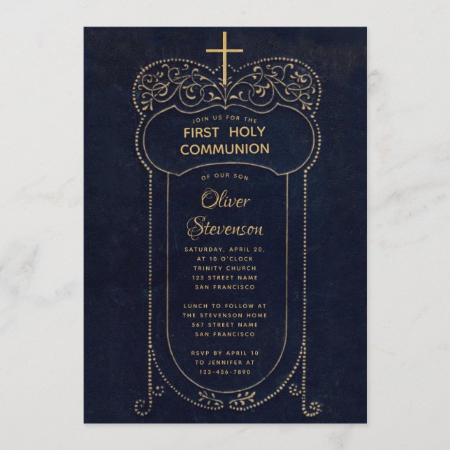 Invitation Première communion garçon bleu marine calligraphie (Devant)
