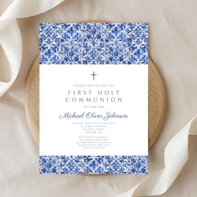 Invitation Première communion garçon carreaux bleus croix élé (Elegant Cross Blue Tiles Boy First Communion Invitation )