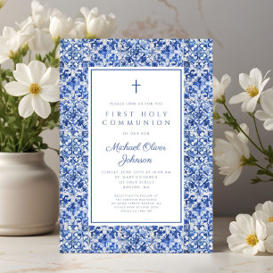 Invitation Première communion garçon carreaux bleus croix élé