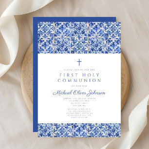 Invitation Première communion garçon carreaux bleus croix élé