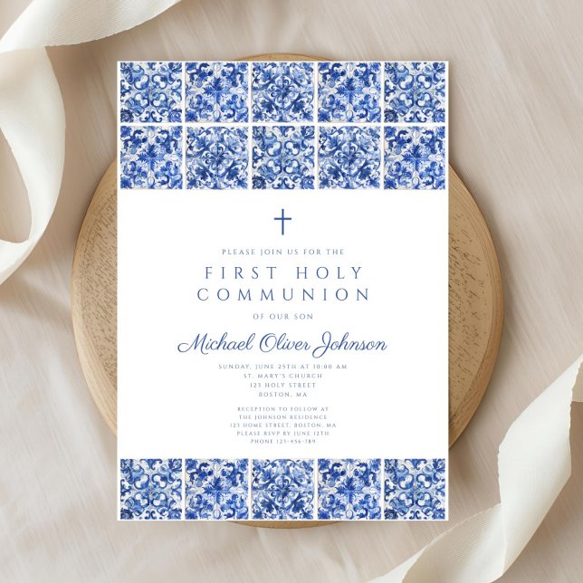 Invitation Première communion garçon carreaux bleus croix élé (Elegant Cross Blue Tiles Boy First Communion Invitation)