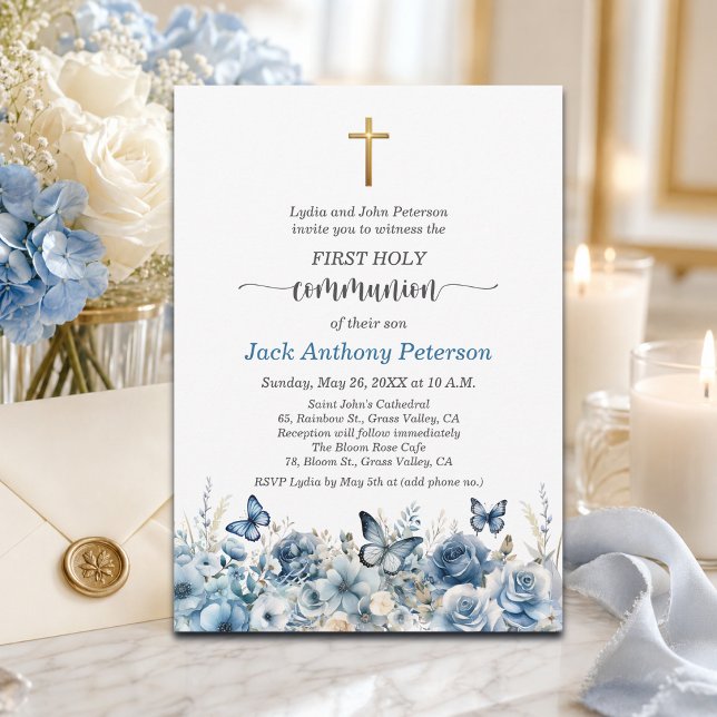 Invitation Première communion garçon Croix dorée Fleur bleue (Créateur téléchargé)