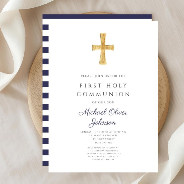 Invitation Première communion garçon croix rayures bleu marin (Modern Navy Blue Stripes Cross Boy First Communion Invitation)