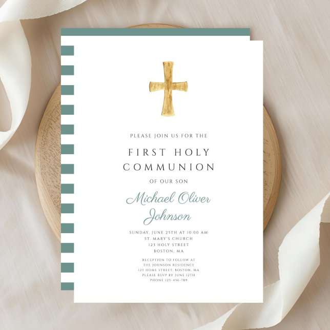 Invitation Première communion garçon croix rayures vertes mod (Modern Green Stripes Cross Boy First Communion Invitation)