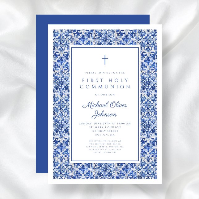 Invitation Première communion garçon élégant croix carreaux b (Elegant Cross Blue Tiles Boy First Communion Invitation)