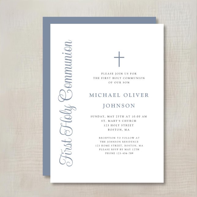Invitation Première communion garçon élégant écriture bleu po (Créateur téléchargé)