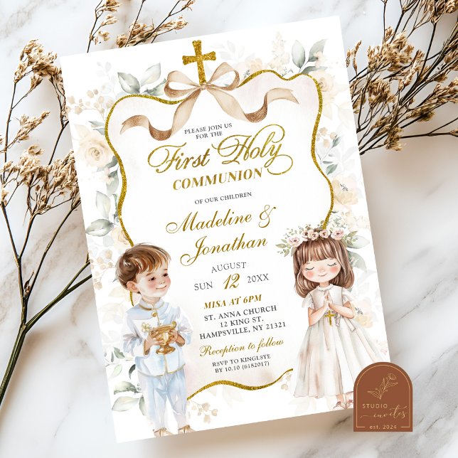 Invitation Première communion garçon et fille à fleurs blanch (Créateur téléchargé)
