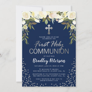 Invitation Première communion garçon floral bleu argent