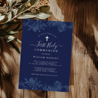 Première communion garçon motif floral bleu 
