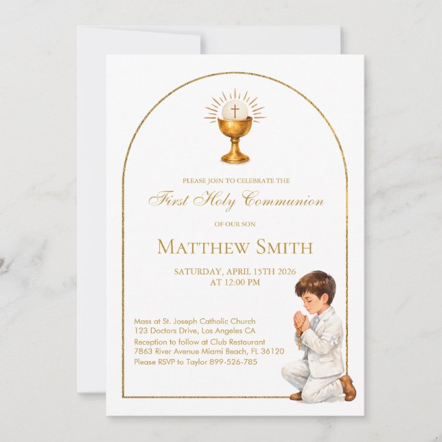 Invitation Première communion garçon or bohème arche & calice (Devant)