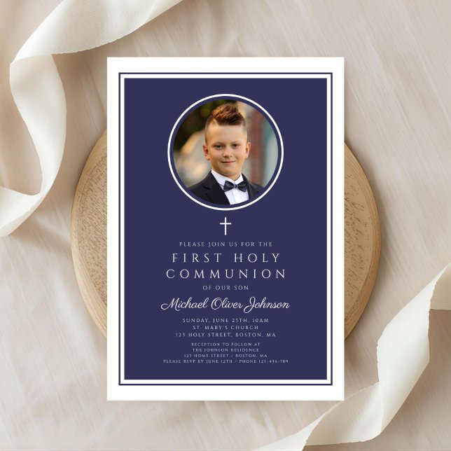 Invitation Première communion garçon photo bleu marine modern (Modern Navy Blue Photo Boy First Communion Invitation)