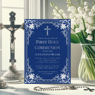 Invitation Première communion Garçon Royal Blue Faux Silver C