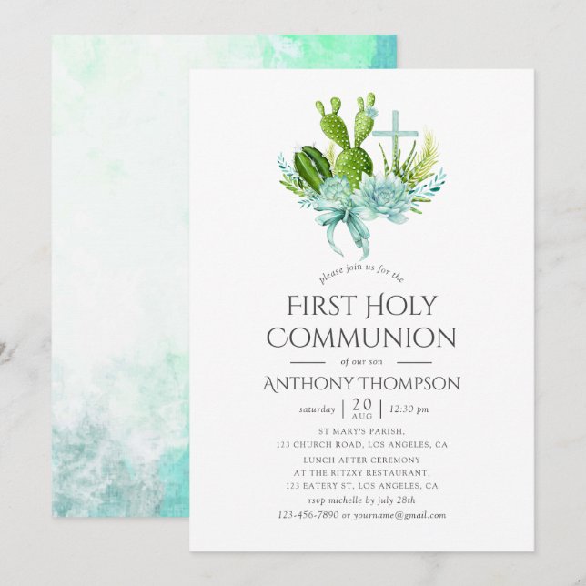 Invitation Première communion garçon Succulents Aquarelle (Devant / Derrière)