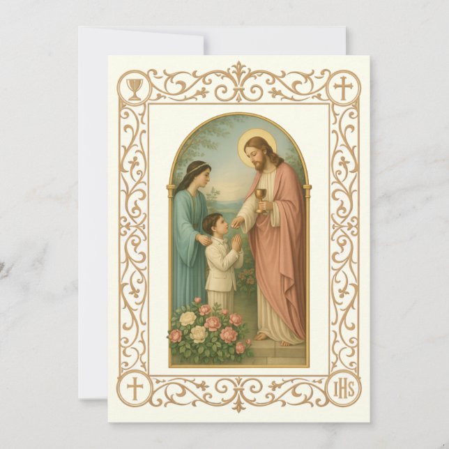 Invitation Première Communion Garçon Vintage avec Jésus (Devant)