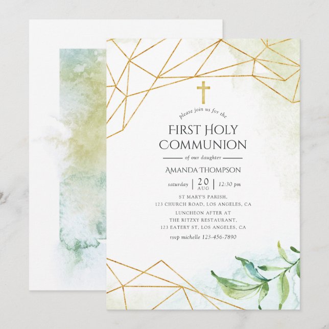 Invitation Première communion géométrique à l'aquarelle (Devant / Derrière)