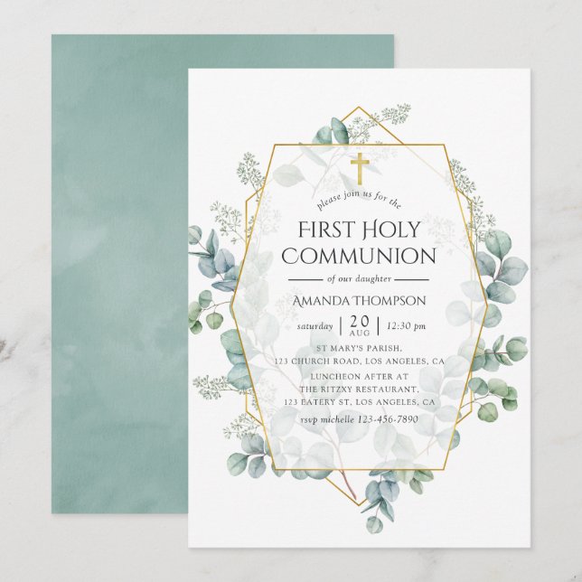 Invitation Première communion géométrique à l'aquarelle eucal (Devant / Derrière)