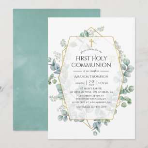Invitation Première communion géométrique à l'aquarelle eucal