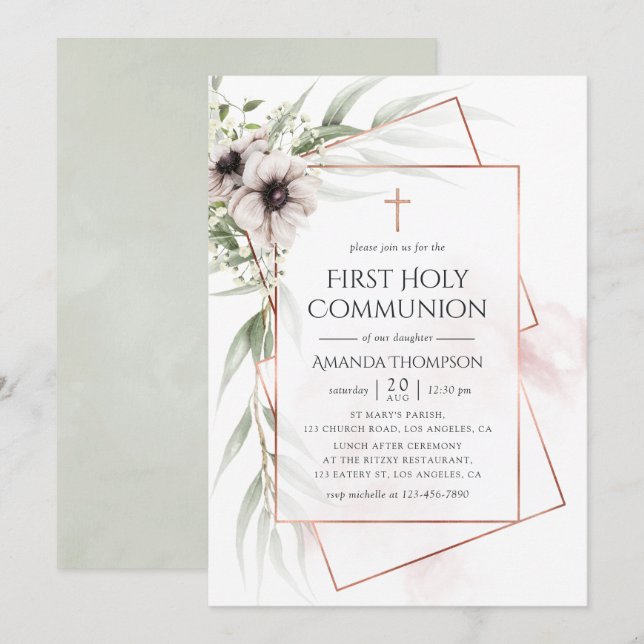 Invitation Première communion géométrique à l'aquarelle Eucal (Devant / Derrière)