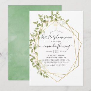 Invitation Première communion géométrique à l'aquarelle verdo