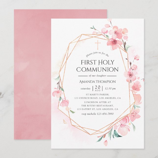 Invitation Première communion géométrique de fleur de cerisie (Devant / Derrière)