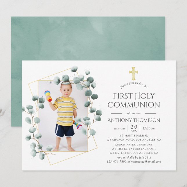 Invitation Première communion géométrique Eucalyptus (Devant / Derrière)