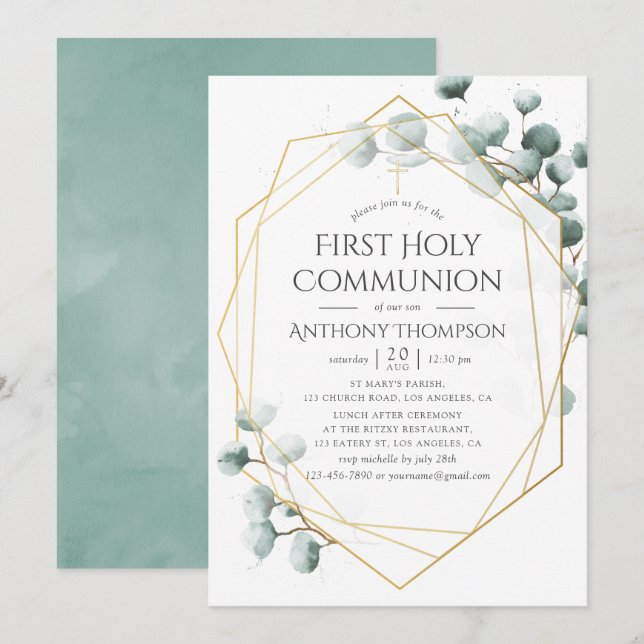 Invitation Première communion géométrique eucalyptus (Devant / Derrière)